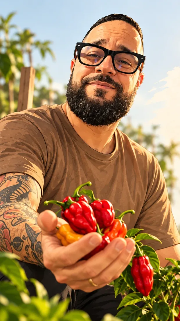 Gabriel en su finca de Gran Canaria con un puñado de chiles recién cogidos